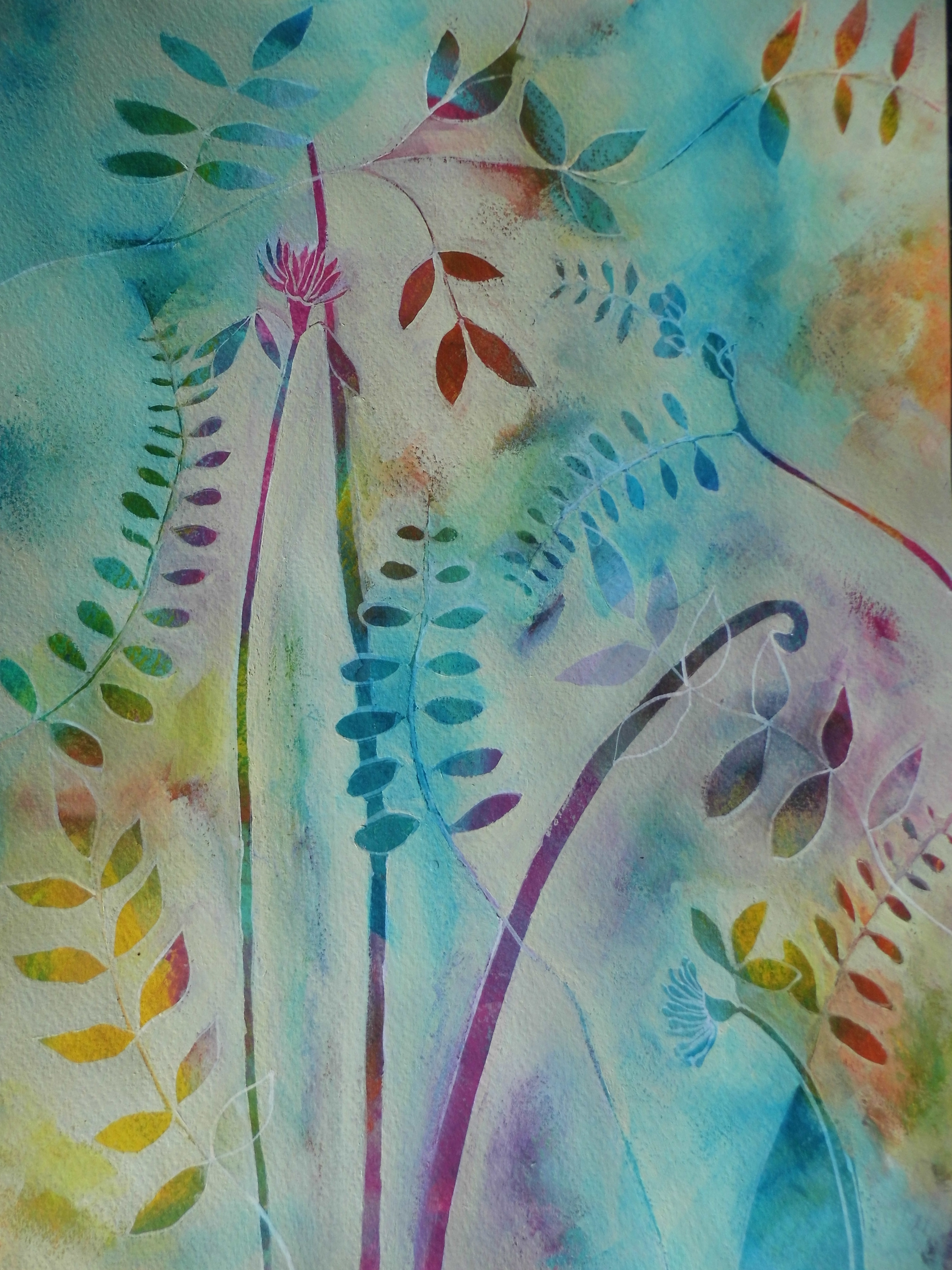 Mixed media river reeds wild flowers